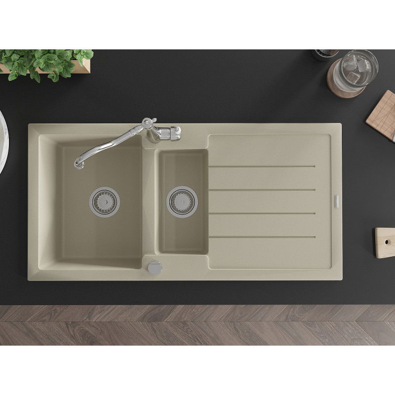 Mexen Andres 1.5-bowl Granite Kitchen Sink with Drainer and Carla Tap, Beige - 6515-69-670700-00