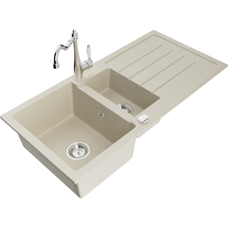 Mexen Andres 1.5-bowl granite sink with drainer and Carla kitchen faucet, beige - 6515-69-670700-00