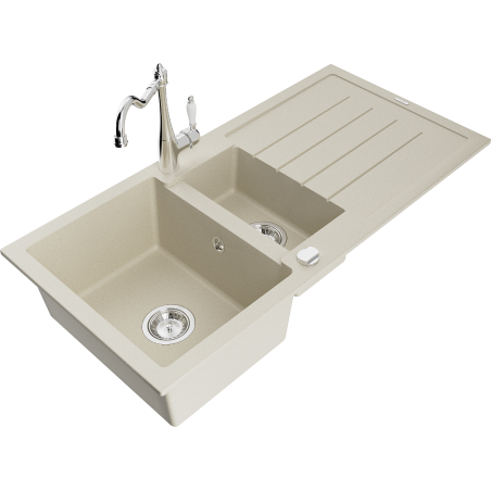 Mexen Andres 1.5-bowl granite sink with drainer and kitchen faucet Carla, beige - 6515-69-670700-00