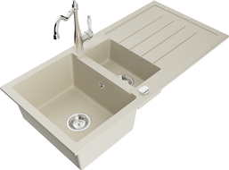 Mexen Andres 1.5-compartment granite sink with a drip tray and kitchen mixer tap Carla, Beige - 6515-69-670700-00