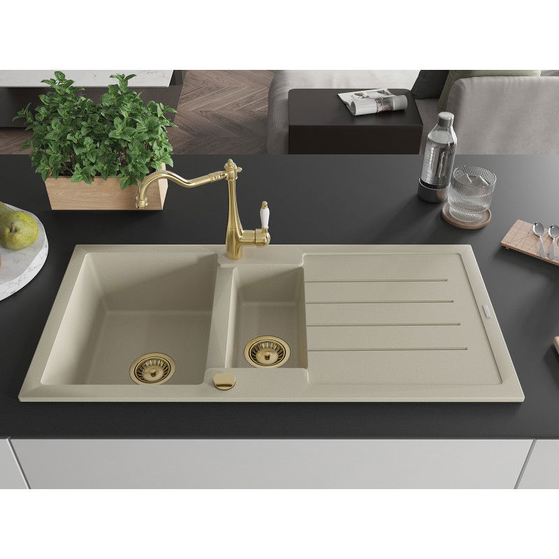 Mexen Andres granite kitchen sink 1.5-bowl with drainer and Carla kitchen mixer, beige - 6515-69-670700-50
