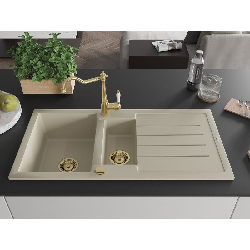 Mexen Andres granite sink 1.5-bowl with drainer and kitchen faucet Carla, beige - 6515-69-670700-50