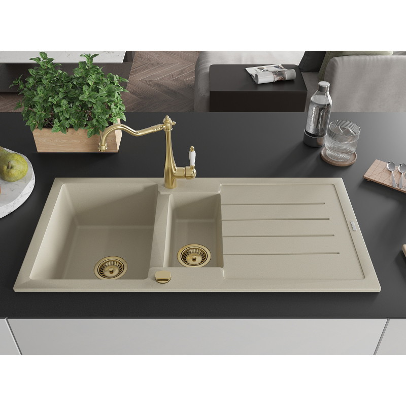 Mexen Andres granite sink with 1.5 bowls and drainer with Carla kitchen faucet, beige - 6515-69-670700-50