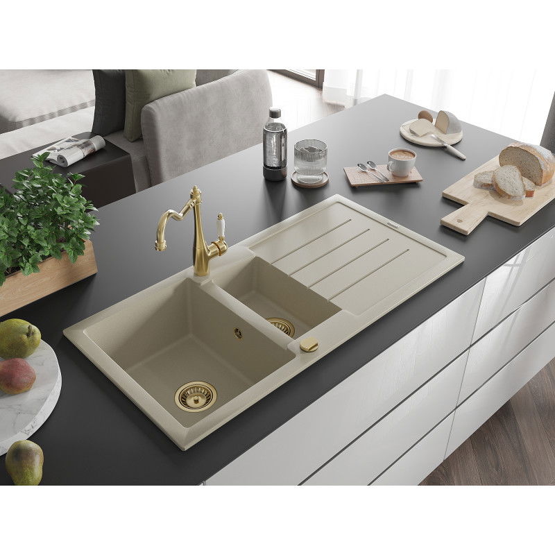 Mexen Andres granite kitchen sink 1.5-bowl with drainer and Carla kitchen mixer, beige - 6515-69-670700-50