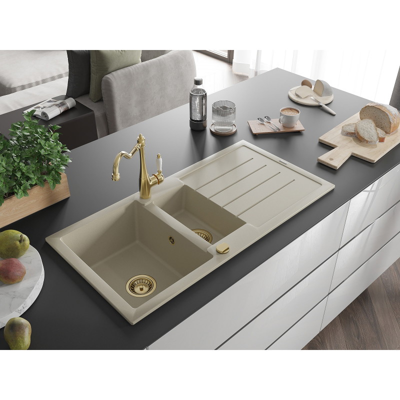 Mexen Andres granite sink with 1.5 bowls and drainer with Carla kitchen faucet, beige - 6515-69-670700-50