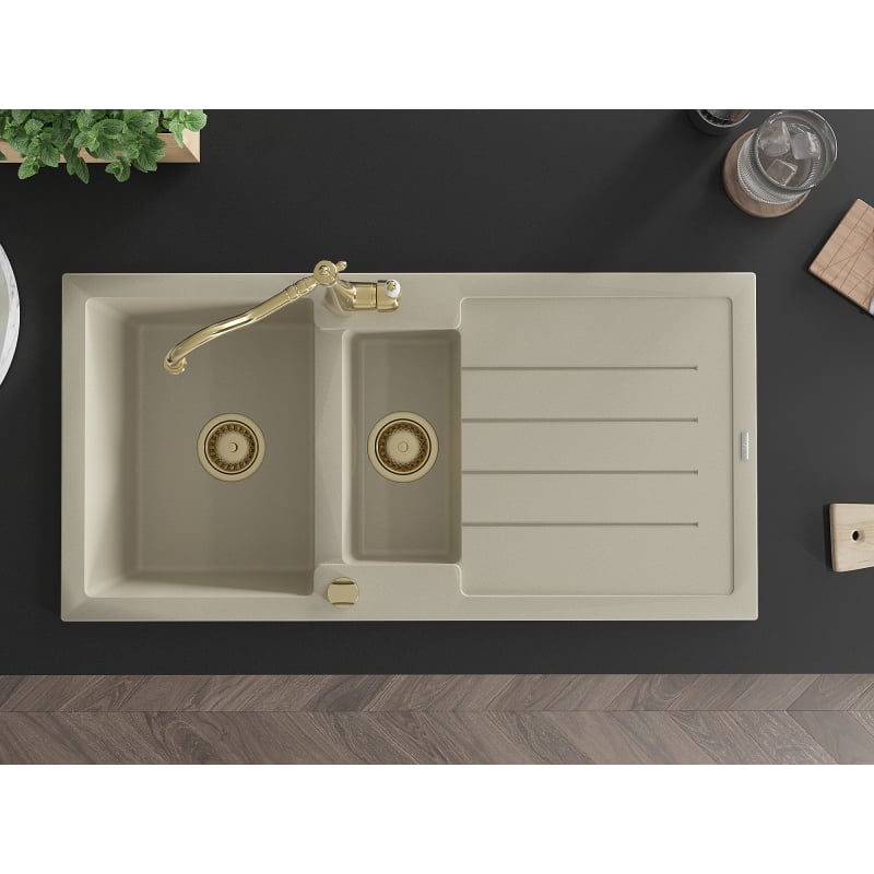 Mexen Andres granite sink 1.5-bowl with drainer and kitchen faucet Carla, beige - 6515-69-670700-50