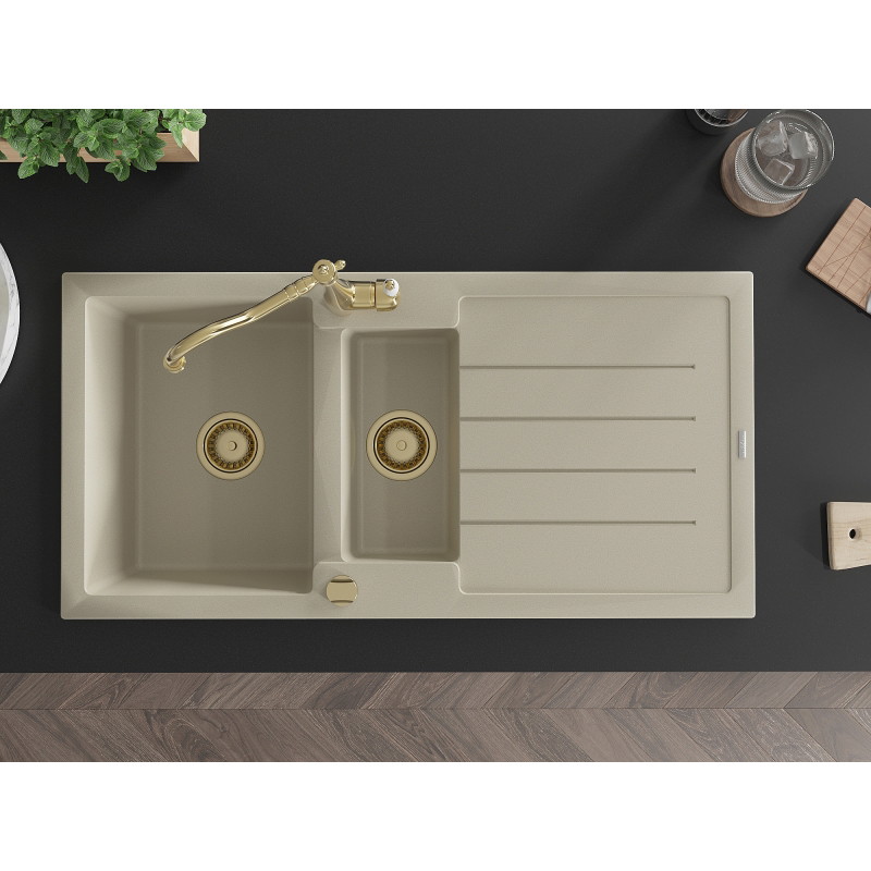 Mexen Andres granite sink with 1.5 bowls and drainer with Carla kitchen faucet, beige - 6515-69-670700-50