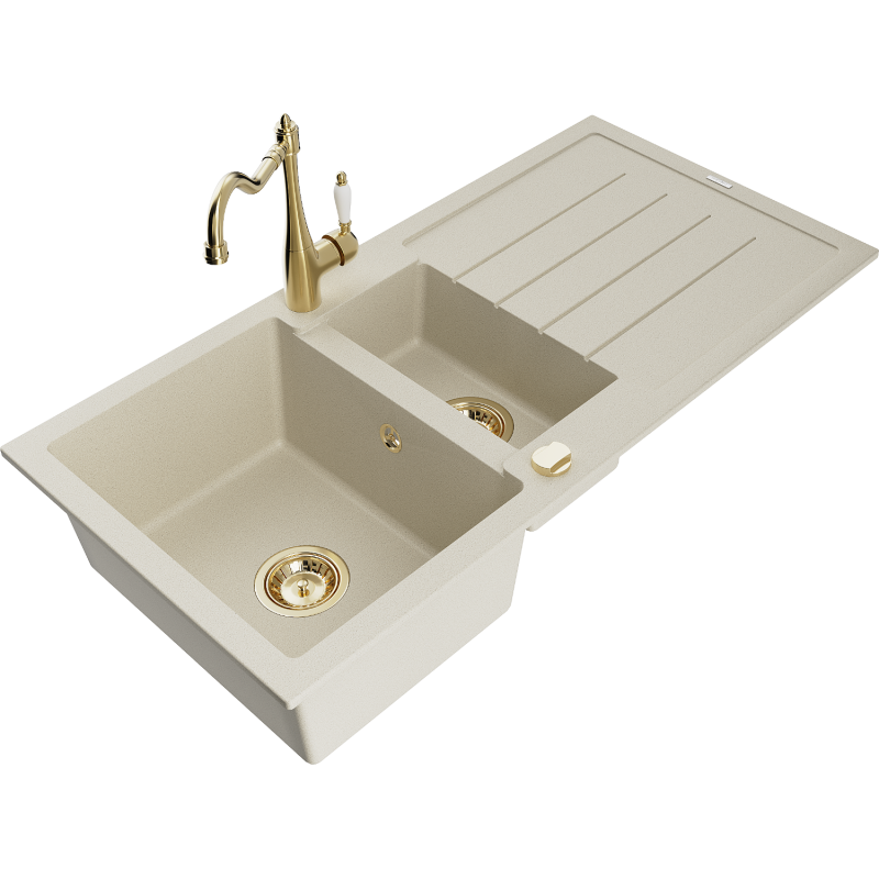Mexen Andres granite kitchen sink 1.5-bowl with drainer and Carla kitchen mixer, beige - 6515-69-670700-50