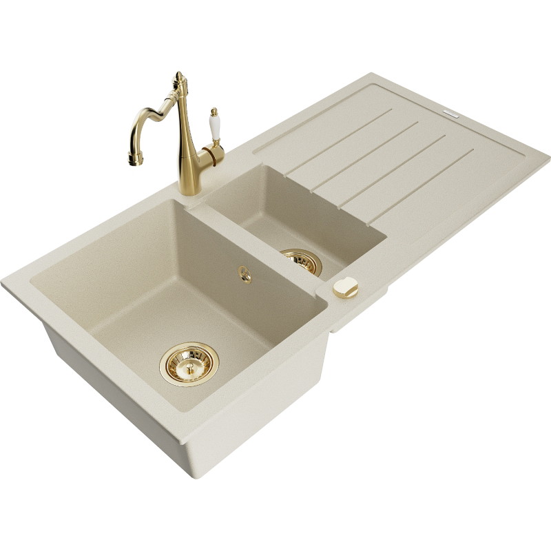 Mexen Andres granite sink 1.5-bowl with drainer and kitchen faucet Carla, beige - 6515-69-670700-50