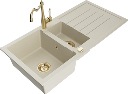 Mexen Andres granite sink with 1.5 bowls and drainer with Carla kitchen faucet, beige - 6515-69-670700-50