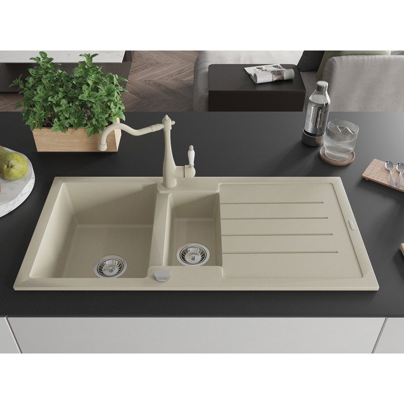Mexen Andres granite sink 1.5-bowl with drainer and kitchen faucet Carla, beige - 6515-69-670700-69