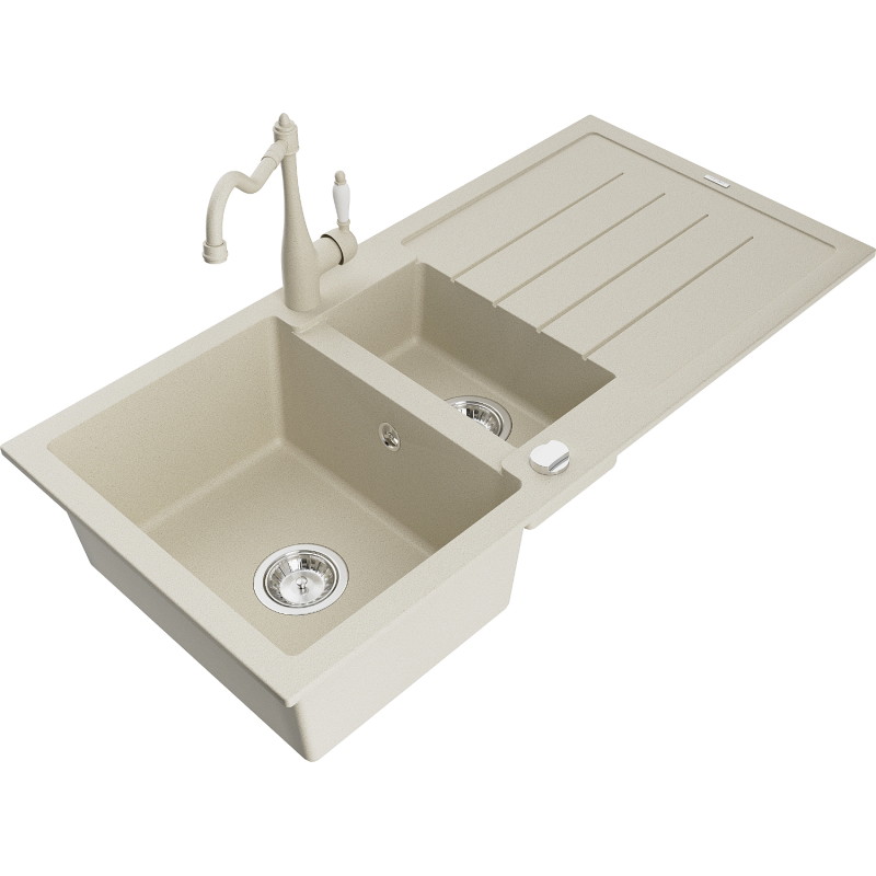 Mexen Andres granite sink 1.5-bowl with drainage board and Carla kitchen faucet, beige - 6515-69-670700-69