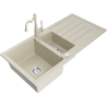 Mexen Andres granite sink 1.5-bowl with drainage board and Carla kitchen faucet, beige - 6515-69-670700-69