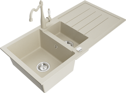 Mexen Andres granite sink 1.5-bowl with drainage board and Carla kitchen faucet, beige - 6515-69-670700-69