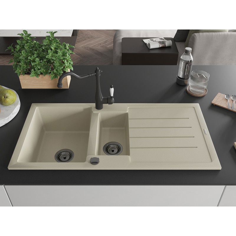Mexen Andres granite sink 1.5-bowl with drainer and Carla kitchen tap, beige - 6515-69-670700-70