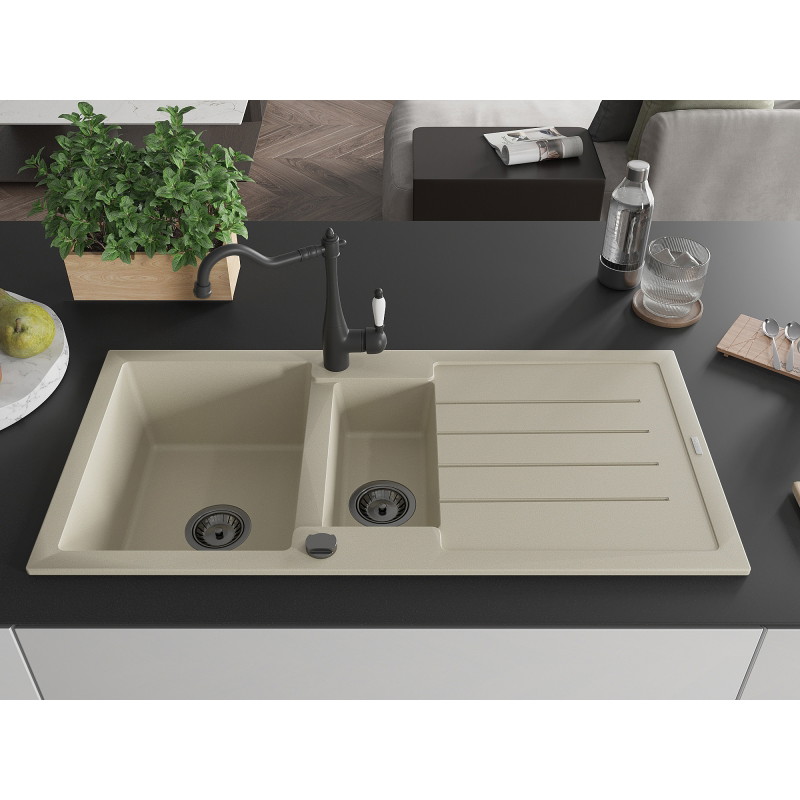 Mexen Andres granite sink 1.5-bowl with drainer and kitchen faucet Carla, beige - 6515-69-670700-70