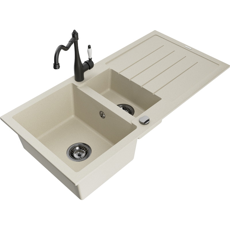 Mexen Andres granite sink 1.5-bowl with drainer and kitchen faucet Carla, beige - 6515-69-670700-70