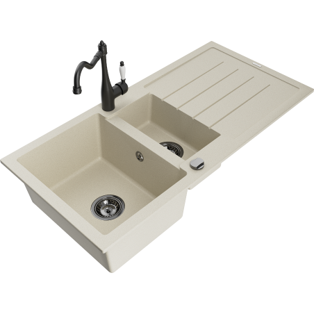 Mexen Andres 1.5-compartment granite sink with a drip tray and kitchen mixer tap Carla, Beige - 6515-69-670700-70