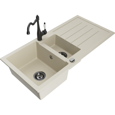 Mexen Andres granite sink 1.5-bowl with drainer and kitchen faucet Carla, beige - 6515-69-670700-70