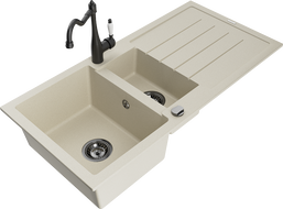 Mexen Andres 1.5-compartment granite sink with a drip tray and kitchen mixer tap Carla, Beige - 6515-69-670700-70