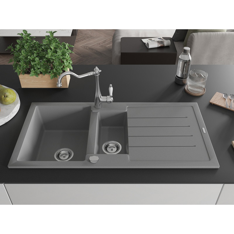 Mexen Andres granite sink 1.5-bowl with drainer and kitchen faucet Carla, gray - 6515-71-670700-00