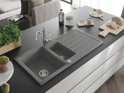 Mexen Andres 1.5-bowl granite sink with drainer and Carla kitchen faucet, gray - 6515-71-670700-00