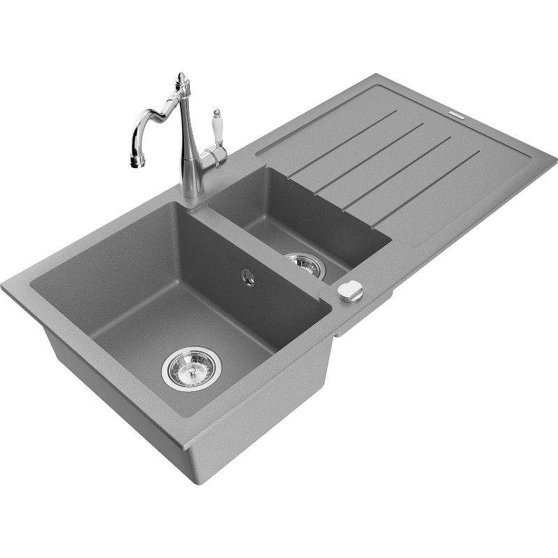 Mexen Andres 1.5-bowl granite sink with drainer and Carla kitchen faucet, gray - 6515-71-670700-00