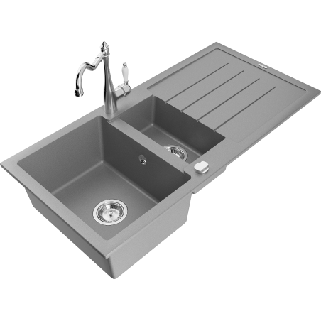 Mexen Andres 1.5-compartment granite sink with a drip tray and kitchen mixer tap Carla, Grey - 6515-71-670700-00