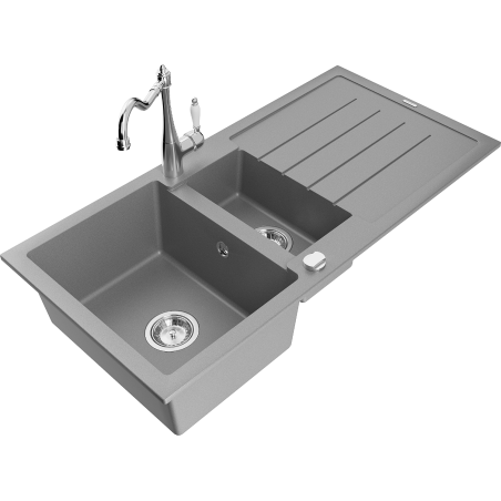 Mexen Andres granite sink 1.5-bowl with drainer and kitchen faucet Carla, gray - 6515-71-670700-00