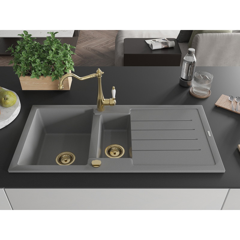 Mexen Andres granite sink 1.5-bowl with drainer and kitchen faucet Carla, gray - 6515-71-670700-50