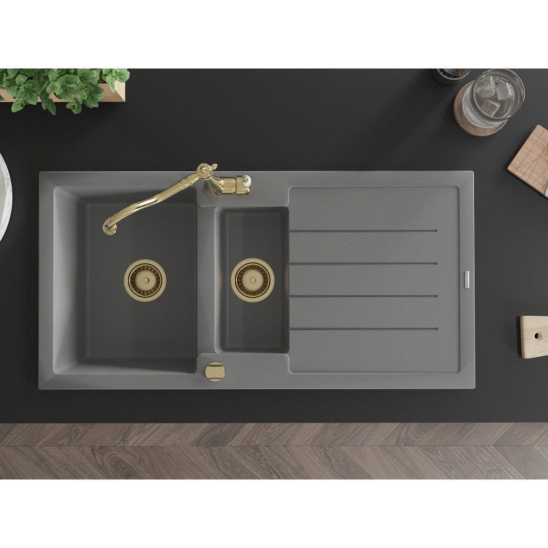 Mexen Andres granite sink 1.5-bowl with drainer and Carla kitchen faucet, grey - 6515-71-670700-50