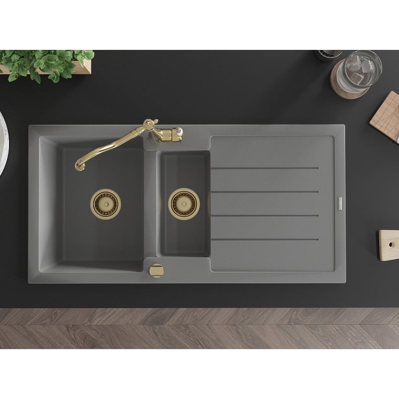 Mexen Andres granite sink 1.5-bowl with drainer and kitchen faucet Carla, gray - 6515-71-670700-50