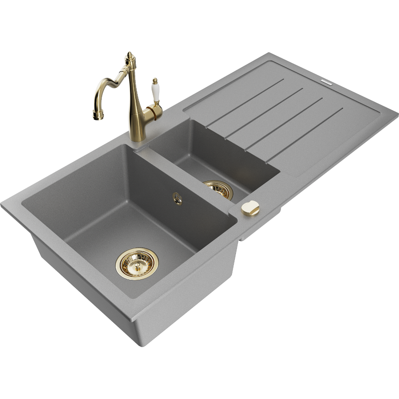 Mexen Andres 1.5-compartment granite sink with a drip tray and kitchen mixer tap Carla, Grey - 6515-71-670700-50