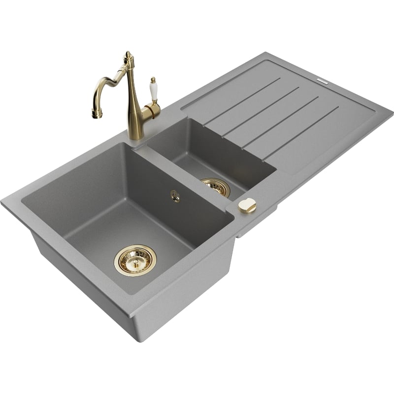 Mexen Andres granite sink 1.5-bowl with drainer and kitchen faucet Carla, gray - 6515-71-670700-50