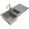 Mexen Andres 1.5-compartment granite sink with a drip tray and kitchen mixer tap Carla, Grey - 6515-71-670700-50