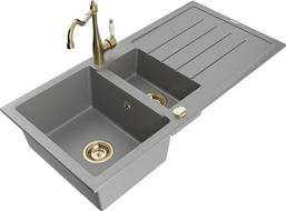 Mexen Andres 1.5-compartment granite sink with a drip tray and kitchen mixer tap Carla, Grey - 6515-71-670700-50