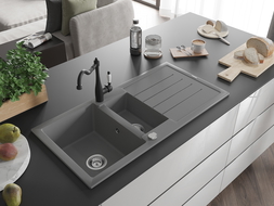 Mexen Andres 1.5-compartment granite sink with a drip tray and kitchen mixer tap Carla, Grey - 6515-71-670700-70