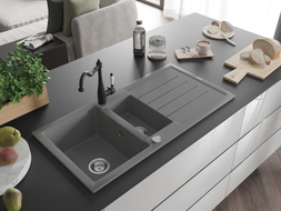 Mexen Andres granite sink 1.5-bowl with drainer and kitchen faucet Carla, gray - 6515-71-670700-70