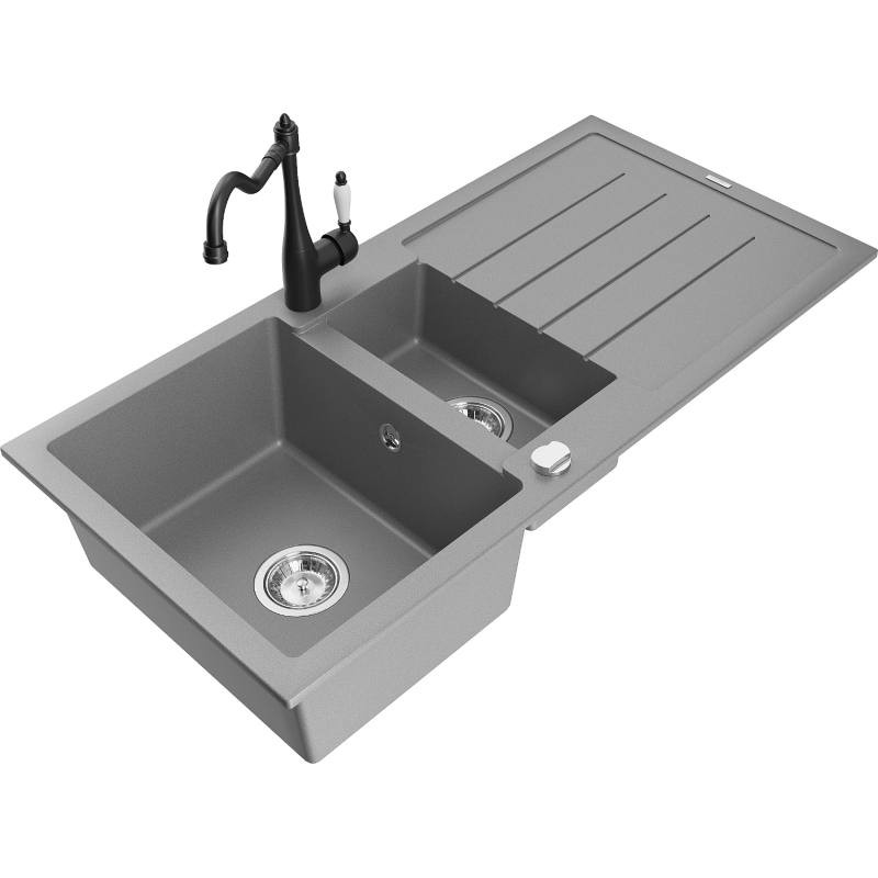 Mexen Andres 1.5-compartment granite sink with a drip tray and kitchen mixer tap Carla, Grey - 6515-71-670700-70