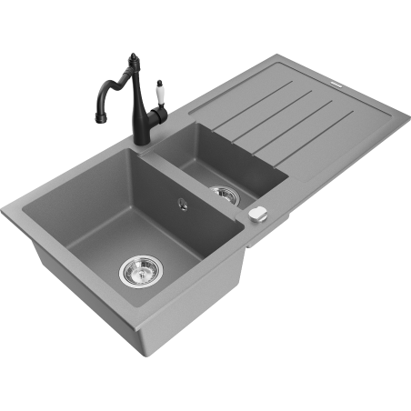 Mexen Andres granite sink 1.5-bowl with drainer and kitchen faucet Carla, gray - 6515-71-670700-70