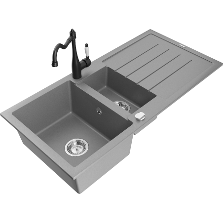 Mexen Andres granite sink 1.5-bowl with drainer and kitchen tap Carla, grey - 6515-71-670700-70