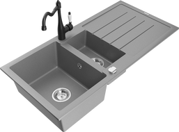 Mexen Andres 1.5-compartment granite sink with a drip tray and kitchen mixer tap Carla, Grey - 6515-71-670700-70