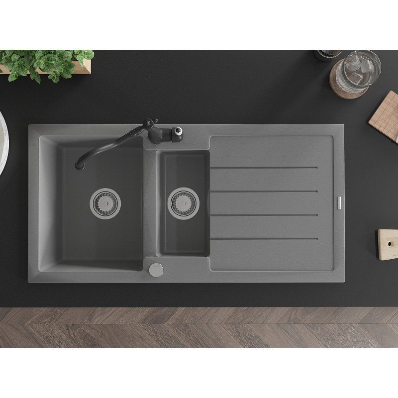 Mexen Andres granite sink 1.5-bowl with drainer and kitchen faucet Carla, gray - 6515-71-670700-70