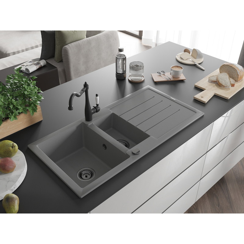 Mexen Andres granite sink 1.5-bowl with drainer and Carla kitchen faucet, gray - 6515-71-670700-70-B