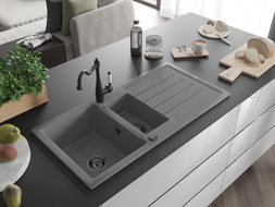 Mexen Andres granite sink 1.5-bowl with drainer and kitchen faucet Carla, gray - 6515-71-670700-70-B