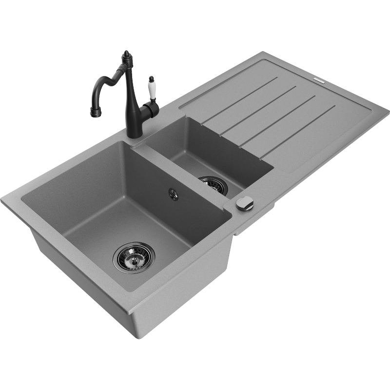 Mexen Andres 1.5-compartment granite sink with a drip tray and kitchen mixer tap Carla, Grey - 6515-71-670700-70-B