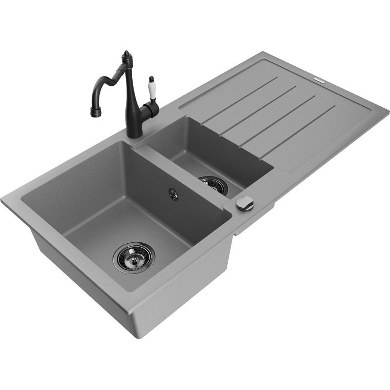 Mexen Andres granite sink 1.5-bowl with drainer and Carla kitchen faucet, gray - 6515-71-670700-70-B