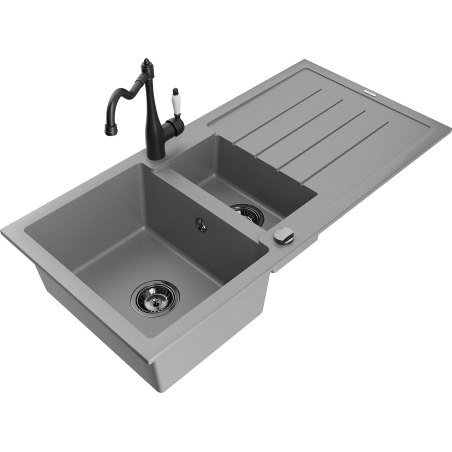 Mexen Andres granite sink 1.5-bowl with drainer and Carla kitchen faucet, gray - 6515-71-670700-70-B