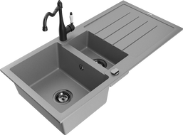 Mexen Andres 1.5-compartment granite sink with a drip tray and kitchen mixer tap Carla, Grey - 6515-71-670700-70-B