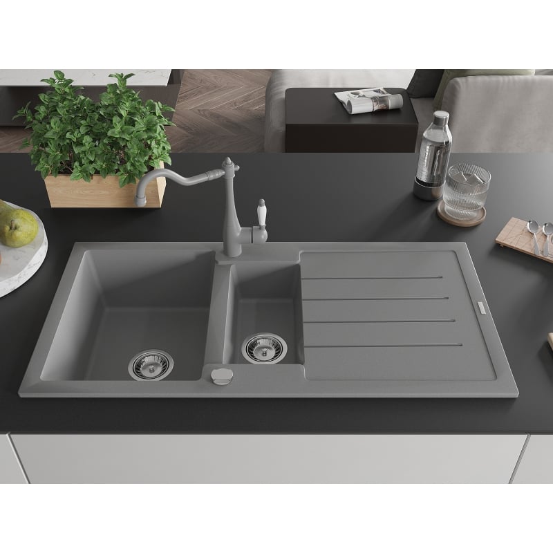 Mexen Andres granite sink 1.5-bowl with drainer and kitchen faucet Carla, gray - 6515-71-670700-71